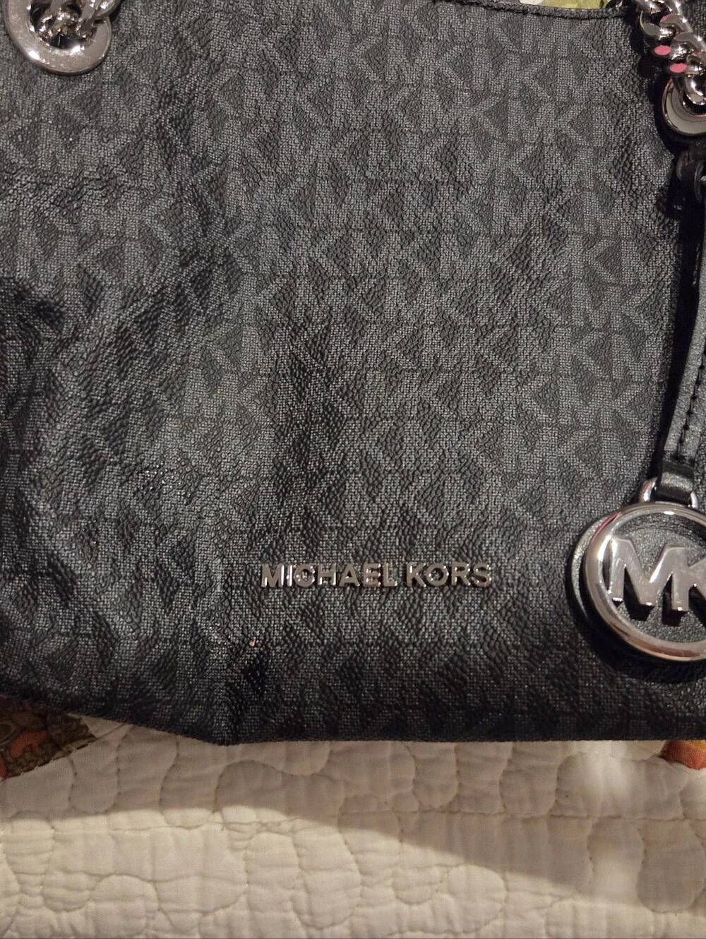 Michael Kors Black Logo Tote with Silver Chain Handles